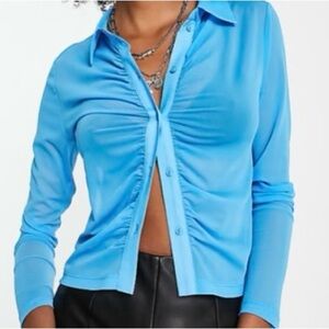 Topshop Sky Blue Ruched Button-Down Shirt
